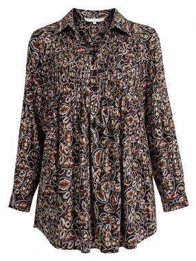 Sunny Leigh Boho Paisley Pleated Tunic Blouse Plus Sz 1X Black Pink Long Sleeve